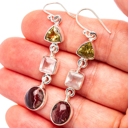 Premium Crazy Lace Agate, Rose Quartz, Lemon Quartz Earrings 2 1/8" (.925 Sterling Silver)