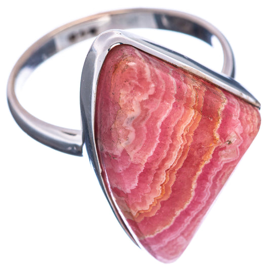 Sterling silver rhodochrosite triangle cabochon ring with pink-red stone banding