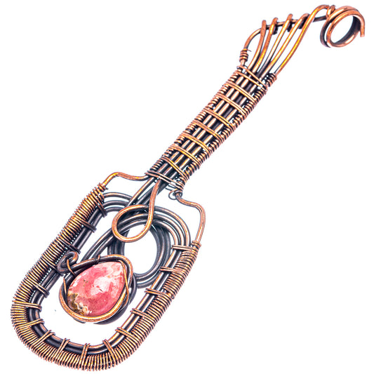 Oxidized copper wire-wrap pendant with pink rhodochrosite oval cabochon