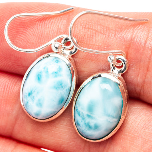 Sterling silver larimar oval drop earrings with hooked ear wires and bezel setting
