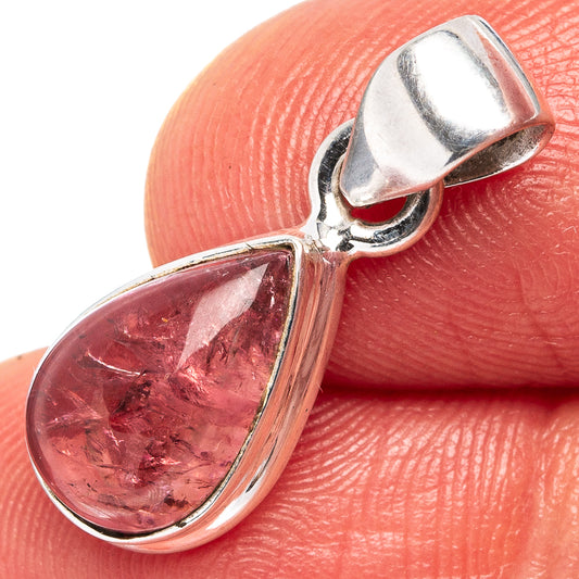 Rare pink tourmaline pendant in .925 sterling silver, teardrop pink stone, close-up