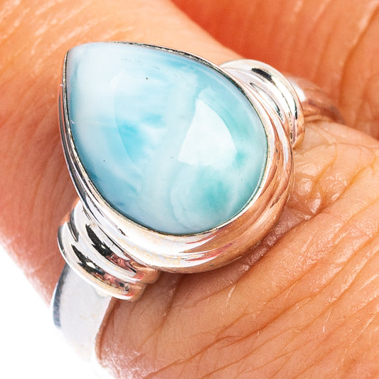 Sterling silver ring with large teardrop larimar stone, twisted bezel