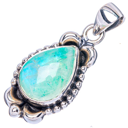Sterling silver green moonstone teardrop pendant with bead border and top bail