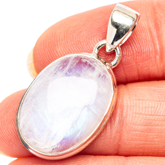 Oval rainbow moonstone pendant, .925 sterling silver setting with hanging bail