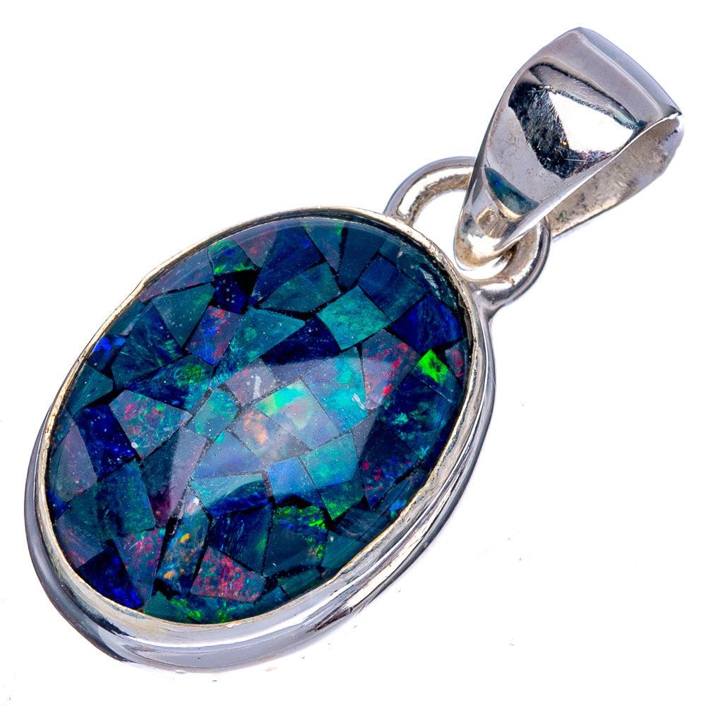 Oval opal pendant with iridescent mosaic blue, green, and red set in silver bail