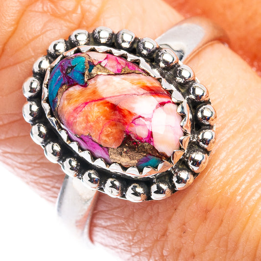 Turquoise and pink oval gemstone ring with beaded sterling silver band, size 8.75