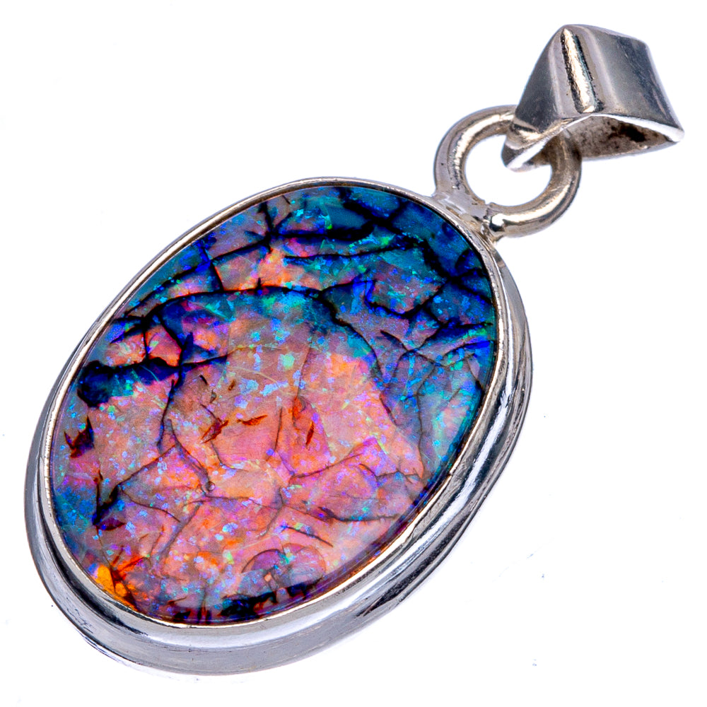 Oval multicolor opal pendant with 925 sterling silver rim and loop bail
