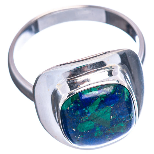 Sterling silver band ring with oval blue-green cabochon stone bezel, side view