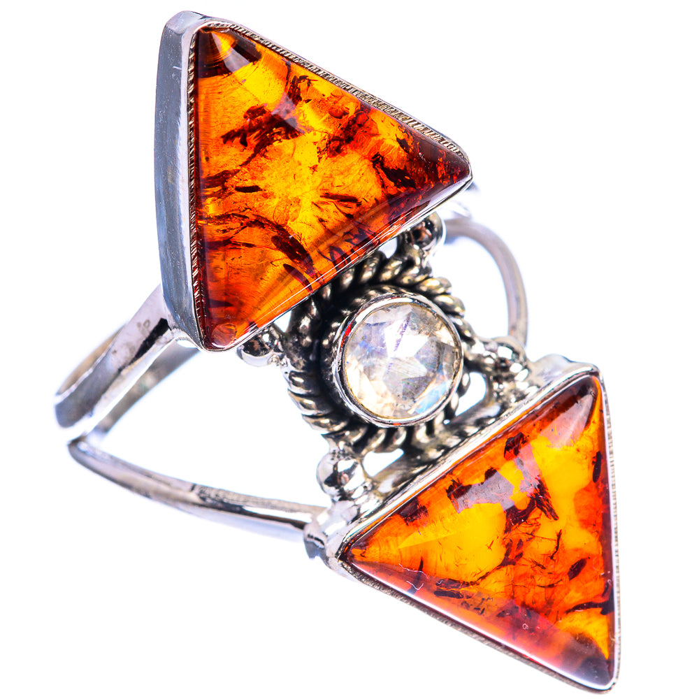 Large Baltic Amber, Rainbow Moonstone Ring Size 10 (925 Sterling Silver) R143015