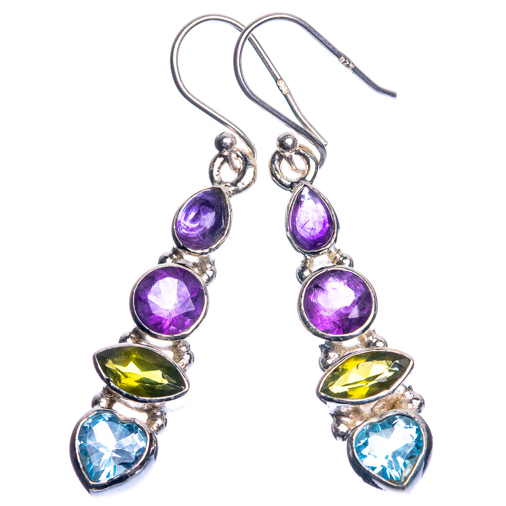 Silver drop earrings featuring purple amethyst and blue topaz with green peridot accents