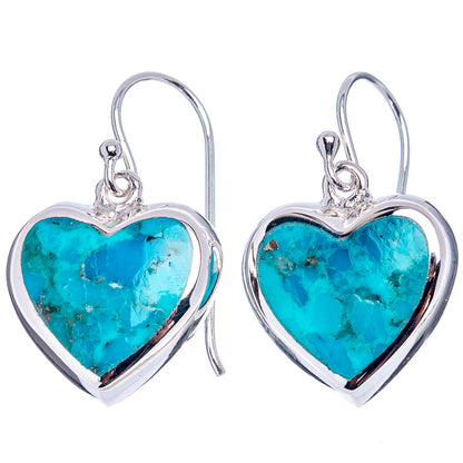 Pair of turquoise heart drop earrings in .925 sterling silver with French hooks