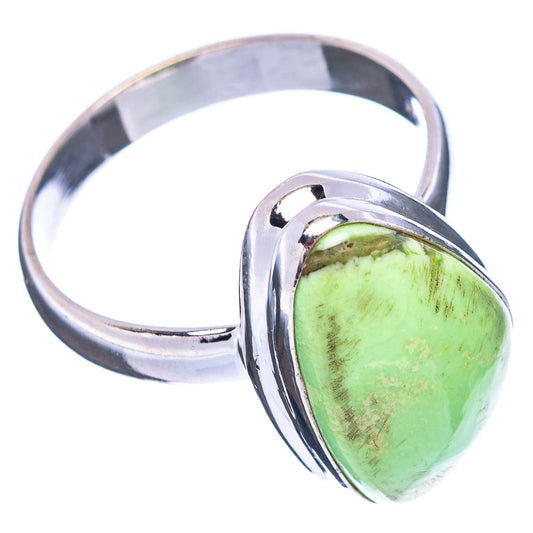 Sterling silver ring with lemon-green teardrop chrysoprase cabochon, side view