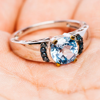 Blue Topaz, Blue Diamond Ring Size 8.75 (.925 Sterling Silver)
