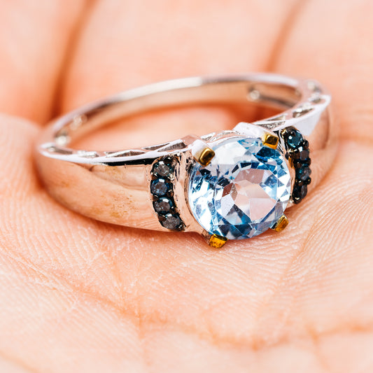 Blue Topaz, Blue Diamond Ring Size 8.75 (.925 Sterling Silver)
