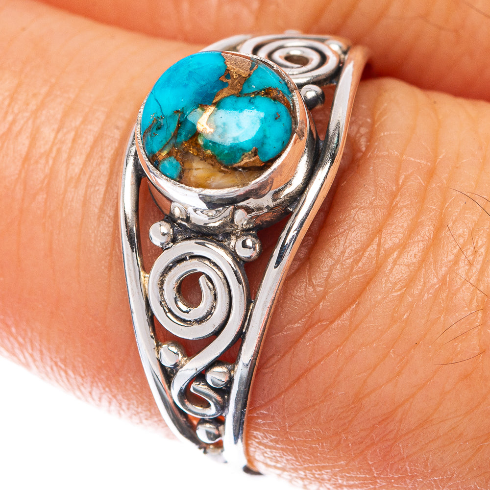 925 sterling silver turquoise cabochon dainty ring with ornate swirl setting
