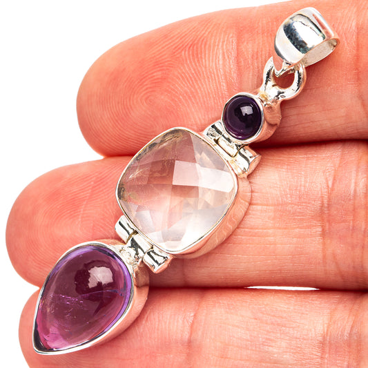 Sterling silver gemstone pendant with oval rose quartz and two amethyst stones