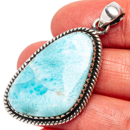 Larimar gemstone pendant in .925 sterling silver, teardrop blue stone with rope bezel