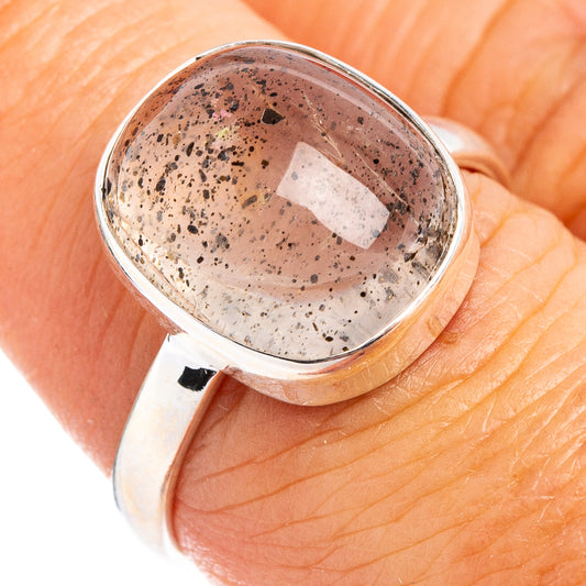 Sterling silver ring with oval rutilated quartz cabochon, black speckled inclusions