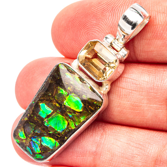 Sterling silver pendant with rectangular lemon-yellow stone and green-blue iridescent ammolite