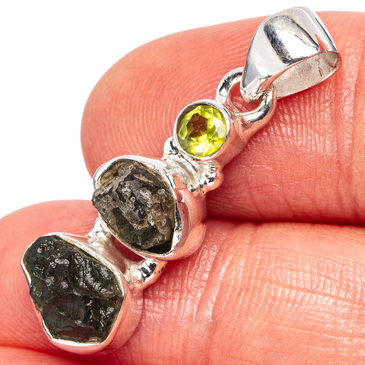 925 sterling silver moldavite & peridot pendant, green round peridot with 2 raw stones