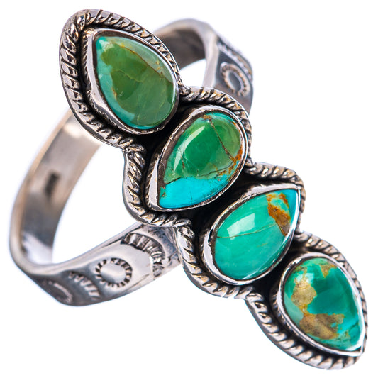 Sterling silver adjustable ring with four green turquoise oval cabochons and beaded edges