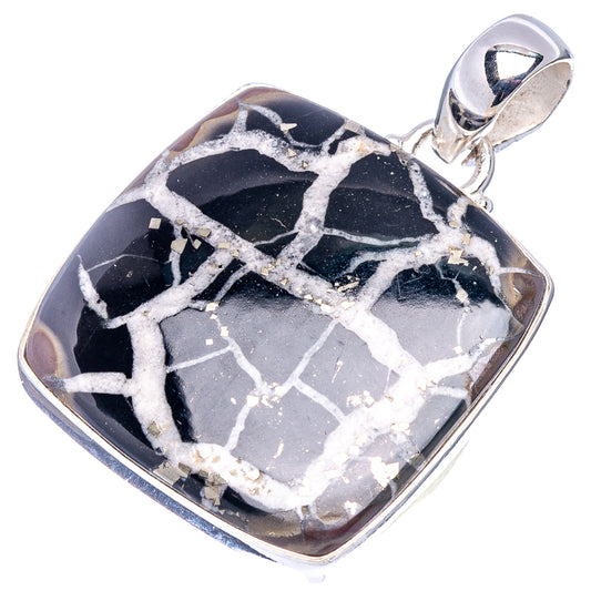 925 sterling silver septarian pendant, square black stone with white web-like veins