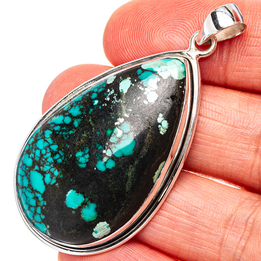 925 sterling silver turquoise teardrop pendant with black matrix stone