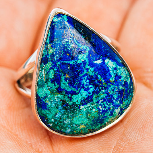 Sterling silver teardrop azurite gemstone ring, vibrant blue and green speckled face