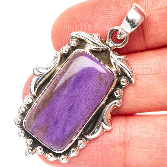 Charoite pendant in .925 sterling silver, purple rectangular cabochon with ornate bezel