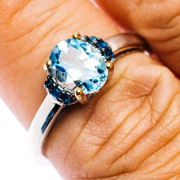 Blue Topaz, Blue Diamond Ring Size 7.5 (.925 Sterling Silver)