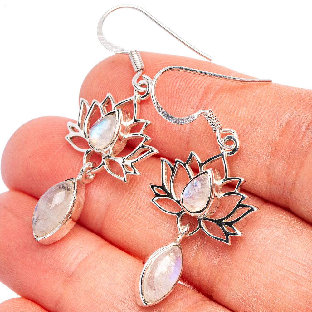 Rainbow Moonstone Lotus 925 Sterling Silver Premium Earrings 1 1/2" (925 Sterling Silver) E2244