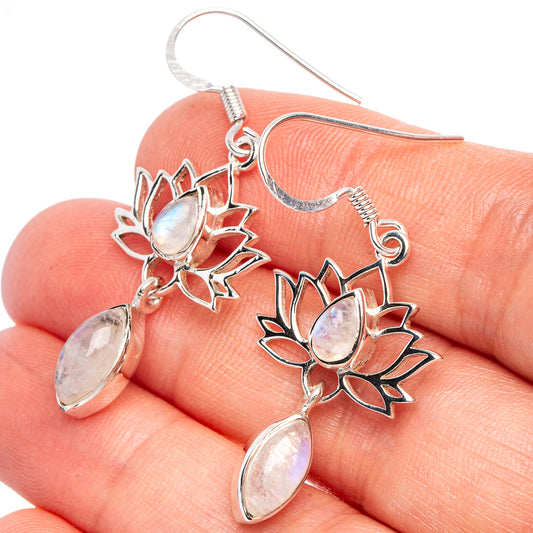 Rainbow Moonstone Lotus 925 Sterling Silver Premium Earrings 1 1/2" (925 Sterling Silver) E2244
