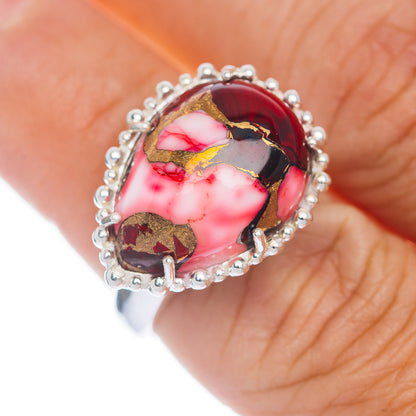 Red and pink marbled cabochon sterling silver ring with beaded halo, size 6.5