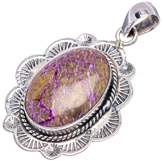 Sterling silver purpurite pendant with bail, large oval purple-and-gold stone in ornate frame.
