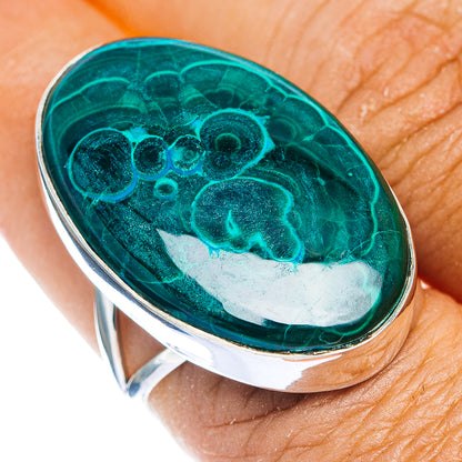 Oval malachite ring with green marbled stone in .925 sterling silver bezel