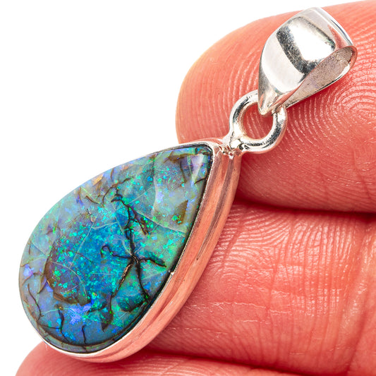 Sterling silver teardrop opal pendant with round bail, iridescent blue-green flashes
