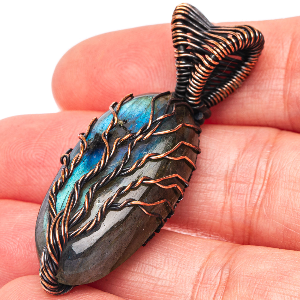 Oxidized copper wire pendant with blue labradorite stone and tree design