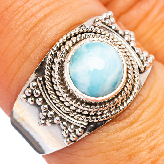 Oval larimar gemstone sterling silver ring, ornate rope bezel with scalloped edges