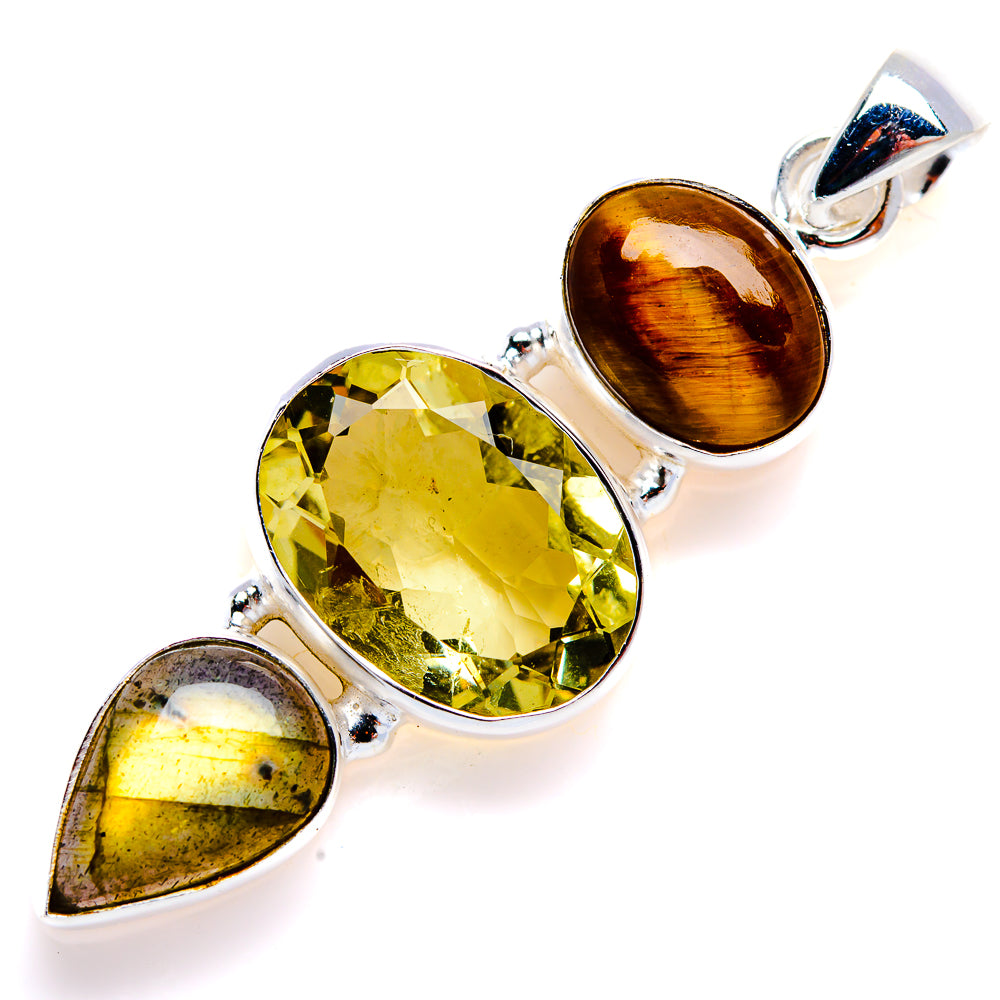 Oval gemstone pendant in 925 sterling silver with yellow citrine, tiger eye, and labradorite