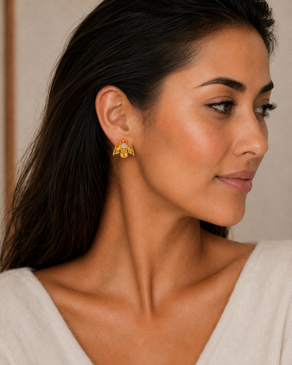 Citrine, Ethiopian Opal, Ruby, Peridot Bee Earrings 3/4" (.925 Sterling Silver) 24k Gold Plated