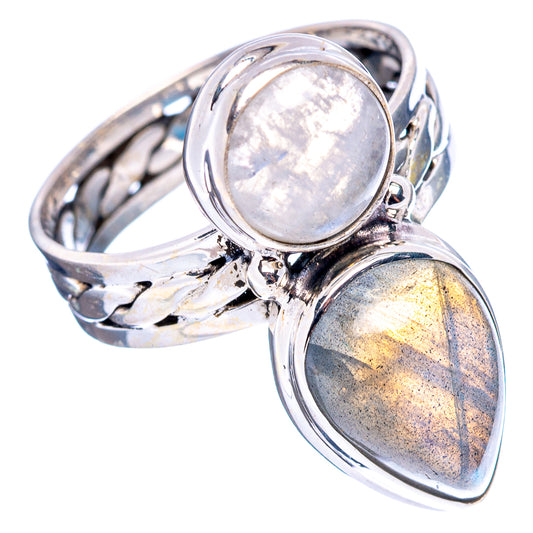 Sterling silver double-stone ring with iridescent moonstone round and labradorite teardrop
