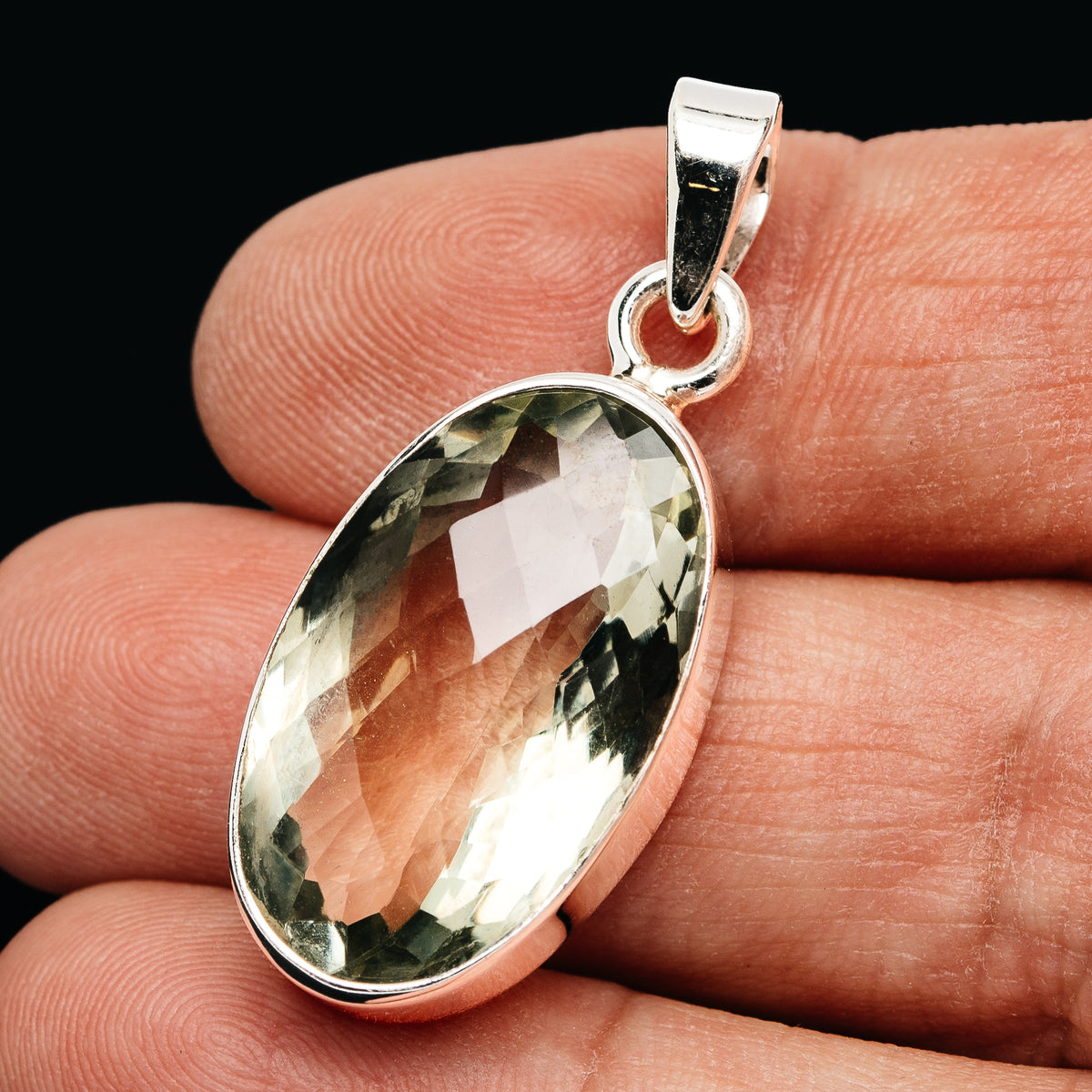 Oval faceted prasiolite gemstone pendant in .925 sterling silver, with bail loop