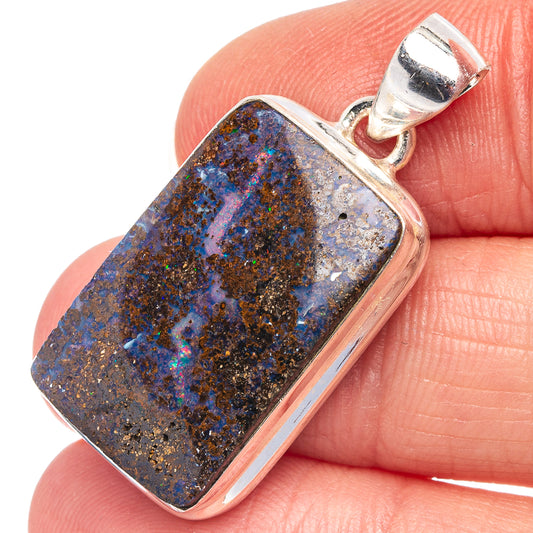 Sterling silver pendant with rectangular blue-brown boulder opal cabochon