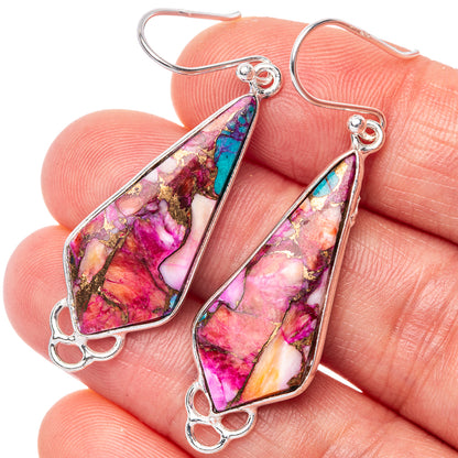 Kingman Pink Dahlia Turquoise 925 Sterling Silver Earrings 2" (925 Sterling Silver) E1439