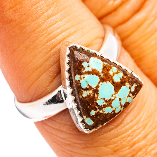 Turquoise inlay sterling silver ring with triangular bezel and brown matrix pattern.