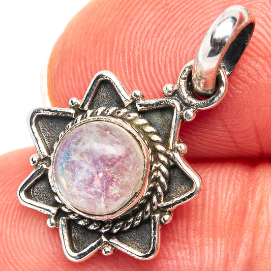 Dainty rainbow moonstone pendant in round setting, .925 sterling silver bail