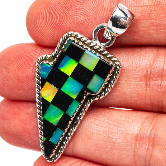 Sterling silver opal lightning bolt pendant with colorful checkered iridescent center