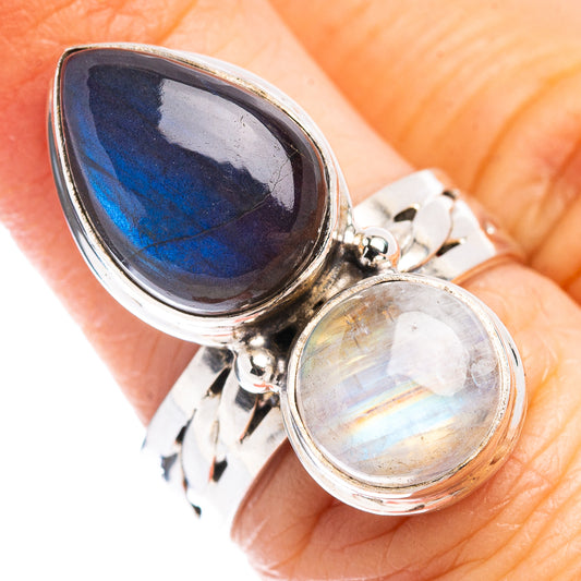 Sterling silver double-cabochon ring with dark blue labradorite and iridescent moonstone