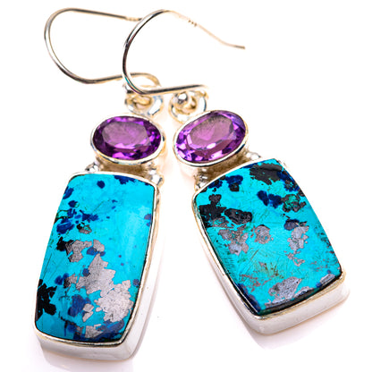 Sterling silver drop earrings: purple oval amethyst and blue turquoise rectangle stones