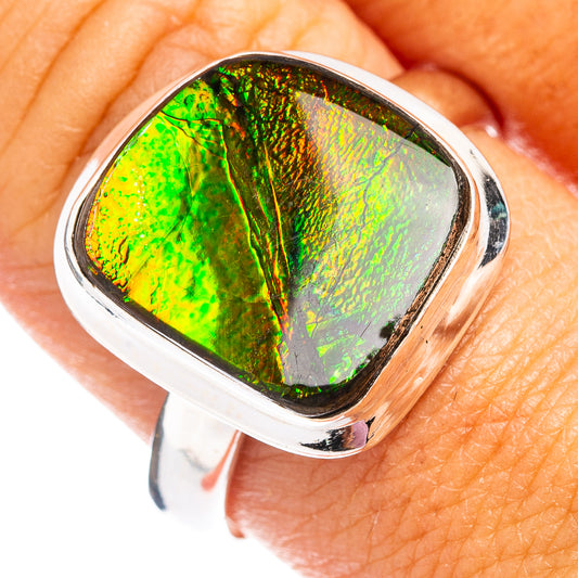 Sterling silver ammolite ring, bright green iridescent stone in square bezel